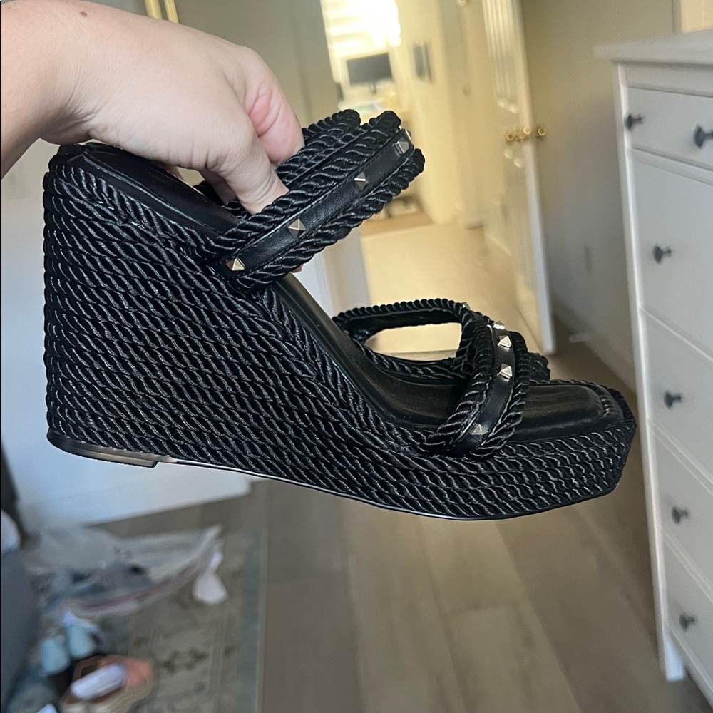 White House Black Market Black Leather Studded Wedge Sandals Size 7.5